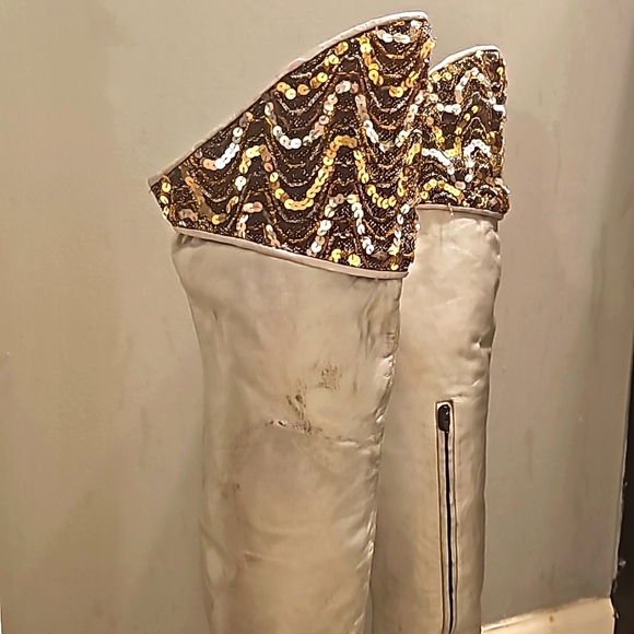 Vintage Over-The-Knee Genuine Leather Boots, Sz 8M Silver w/Top Black/Gold/Silve